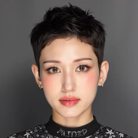  A portrait photo of JEON SOMI, - **Haircut**:  very short pixie cut  with hohem Skin-Fade. - **Top **:  extremely short cut  ,  very visible texture  . - ** & back of the head**: smooth , high skin fade ,  precisely undermine  , nahtloser Übergang ins Top...