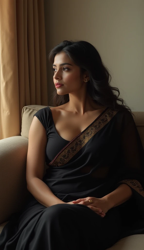 40 year Indian beautiful lady seated in sofa, seated with crossed legs, in living room, wearing black saree, huge breasts, big breasts, detailed face, detailed image, Detailed image, cinematic scene, cinematic, ultra realistic, hyper realistic, highly deta...