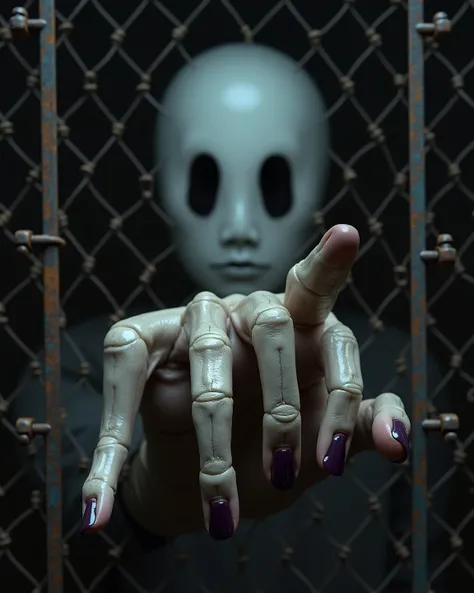 Long, bony fingers with pale skin clinging to the bone emerge from rusty metal mesh. The nails are thick, worn down, and a dark purple color that fades to black at the edges. Behind the fingers, a plain white face can be glimpsed, devoid of lips and eyes, ...