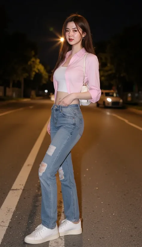 A woman stands and poses on the edge of the road, wearing a pink shirt and white crop top, wearing a torn blue jeans, kebenten jeans, white sneakers, white shoulder bags, straight brown hair, very quiet roads, at night, cool women's styles  , current style...