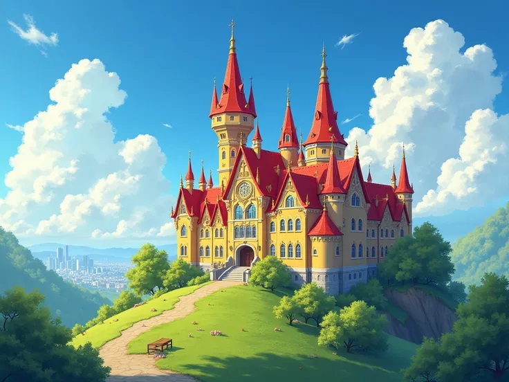 beautiful school that looks like a red and yellow castle on a hill in the city center sunny summer day clouds in the sky