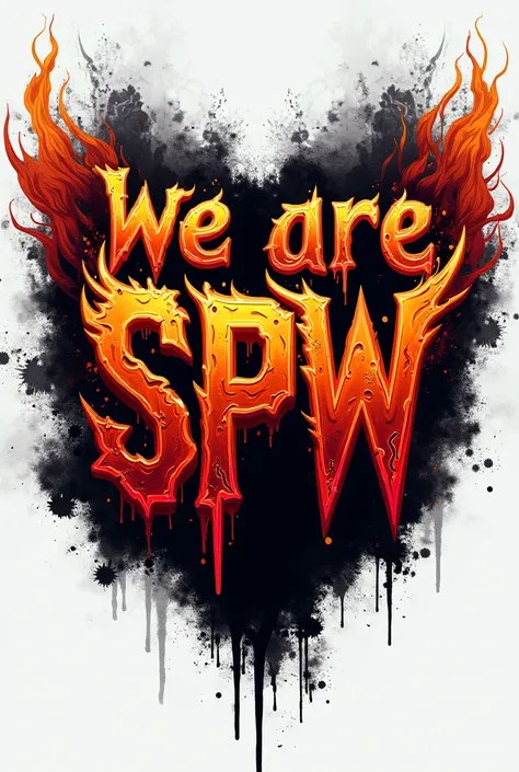 Create a signature logo, estilo pro wrestling, fire,  with the words /letras WE ARE SPW,  black and white color scheme,  transparent background