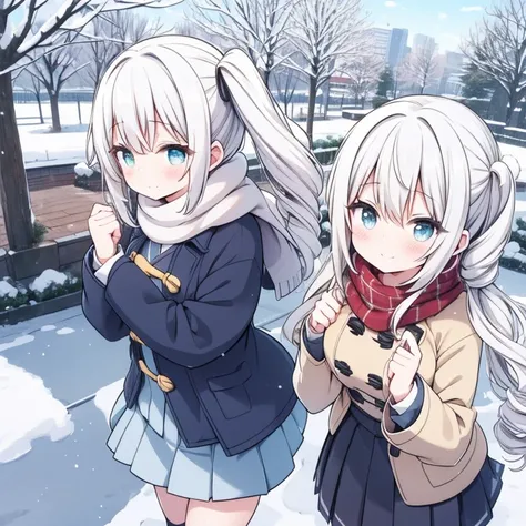 {  the best quality.}, { is very beautiful. }, {  Special Details  }, { Best Illustrations }, girl,garden, Silver hair,((Double drill )), Big Breasts, outdoor,((ashamed)),((winter服 歳学校制服)),winter, Snow Scene ,Blazer, Square Scarf ,,((White Breathable )),, ...