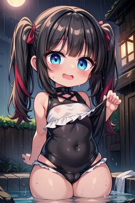 Sleeveless camisole, thick thighs, black hair, glowing eyes,(loli:1.6), showing belly, thick thigs, white sleeveless camisole, very blushed happy, glowing eyes, blue eyes, happy, smile, Muy sonrojada, long white sleeveless camisole, smile, thick, showing b...