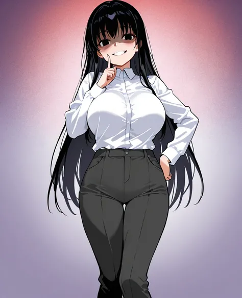  yandere　 black eyes　 long black hair　Big Breasts　The index finger is in front of the mouth　Grin　 white shirt　Underneath is one pair of pants