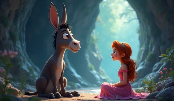 He took refuge in a cave where he saw a strange scene - a donkey sitting like humans and thinking something. The princess is surprised, because ordinary donkeys are not like that (animation cartoon