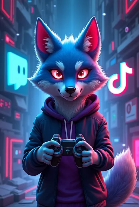 A gamer wolf with Twich and TikTok logos and video game reviews