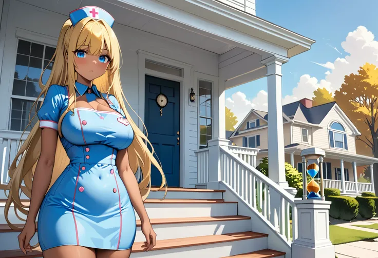 ((Background: front of house)), suburban house, ((Ultra-detailed)), (((American style house))), ((FRONT PORCH)), (((Outside House))), (Background: American House), (((Front Porch))), quiet residential street in the background, ((ultra-detailed)), (masterpi...