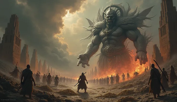 Create an image of An end of Kalyug According to Hindu Mythology with some religious and ancient war very Deadliest  in which Hindu Gods And Demons are fighting and some warriors and died in war and some money in the video with dark sky and destructive env...