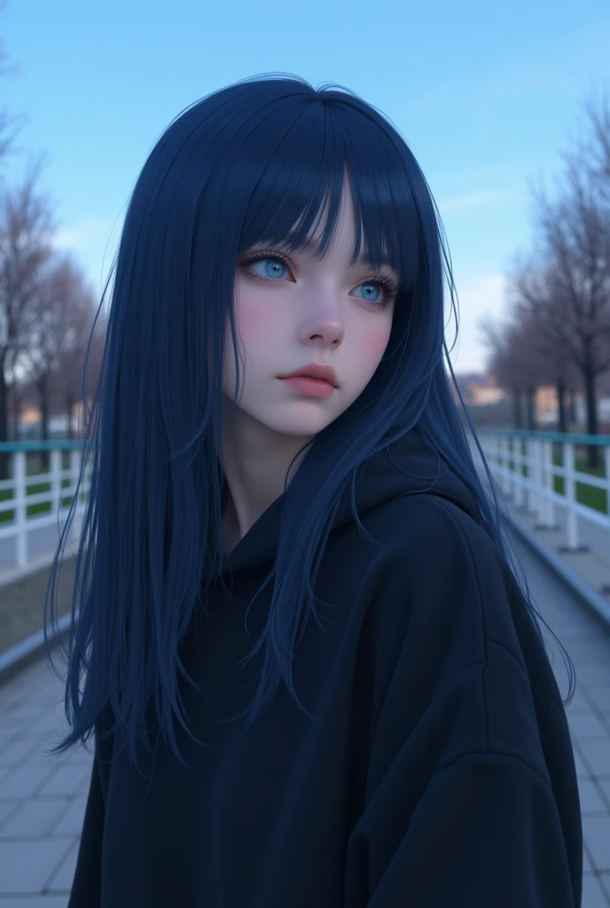 Dark blue color hair, long straight hair, 1 girl, solo, black hoodie, sharf eyes, sky blye color eyes, cool, walking, park background, clear sky, look away