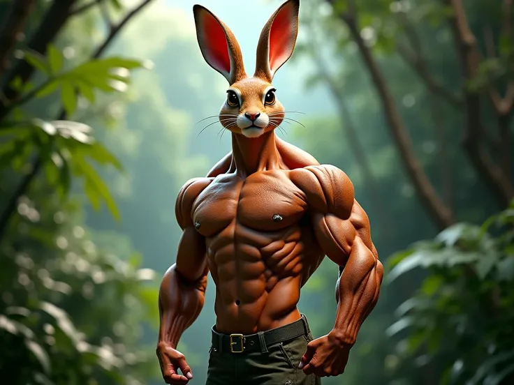 rabbit muscular humanoid body, attractive and sexy, high ,. Realistic style, background in the jungle 