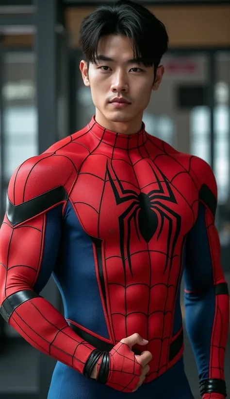 Handsome and sexy Korean ager, ager, young, male, wearing Spiderman costume while showing his sixpack abs, muscular, sixpack, young, front view, Korean idol, hot, very muscle, very horny biceps and triceps, photo realistic, realistic, 8k, UHD, sexy, Biceps...