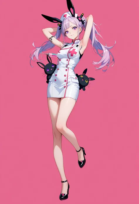  Looking at my armpits   せ赤面， Looking at my armpits   ，  bottomless ， It&#39;s transparent， Black Rabbit ， Nipple Cover , の広い胸A cute pink nurse with purple eyes holding an electric syringe, in the style of anime, kawaii, pink background, pink and white uni...