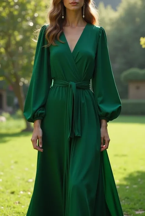 I want a long green dress without embroidery that has a hidden belt that is wide at the bottom and narrow at the top of its long sleeves