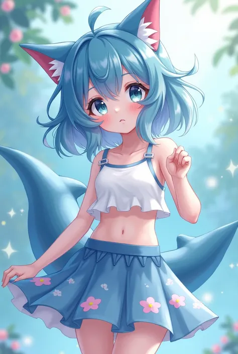 cute female furry with shark tail, and shark fin on back and animal ears with wavy blue hair and wearing white crop top and short skirt with flower design. 