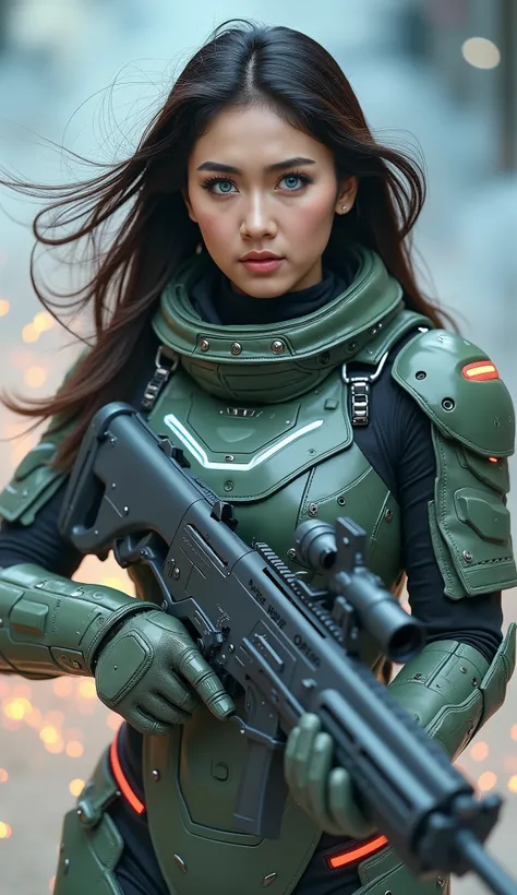 Bergaya photography,a Korean woman,long hair blowing in the wind,mata menggunakan soflens dan eyeshadow berwarna biru, wearing a futuristic and sophisticated astronaut battle suit,army green with neon lights,,carrying a sophisticated and futuristic rifle, ...