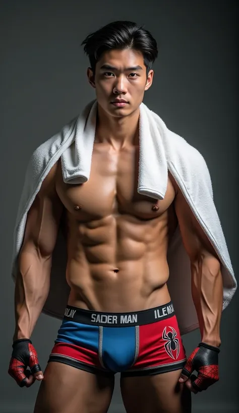 Handsome and sexy Korean ageer, , young, boy, shirtless, Towel around the neck, Spidermam underwear open on one side and showing his sixpack abs, muscular, sixpack, young, front view, Korean idol, biceps and triceps, Spiderman gloves, photo realistic, real...