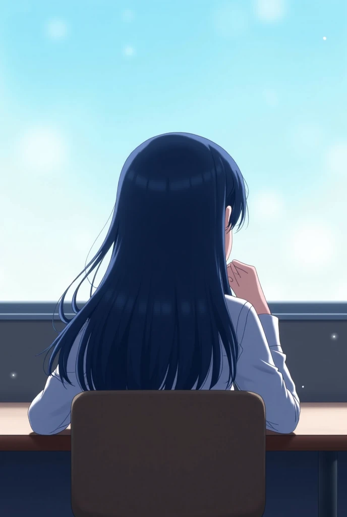  The hairstyle and color are dark (Black or dark navy blue )A girl with long blue hair fluttering in the wind, wearing a Japanese school uniform  (summer), sitting on a chair, resting her chin on the desk, looking out the classroom window at the clear sky....