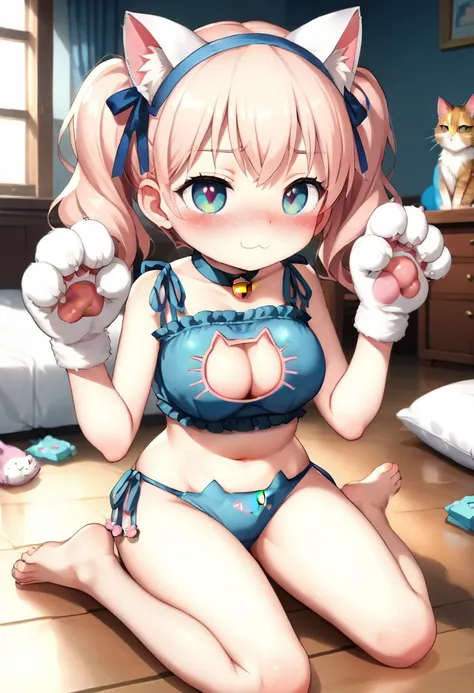 Lightblue Side tie panties,The ribbon is lovely, Ribbon Panties,Cats are good, Lace panties,Twin tails,RandomColored,blush, full-face blush,masterpiece, Highest quality, (anime screencap:1.3),(shape), cute,(Simple:1), (anime:1.2),Solo Sharp Focus, 1 Girl, ...