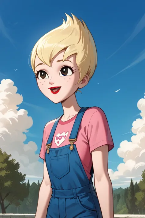 Ilana,1girl,solo,blonde hair,short hair,black eyes,freckless,red lips,pink shirt,blue overalls, blue skirt, open mouth, sky, parody, outdoors, cloud, day, blue sky, upper body, folded arms, smile 