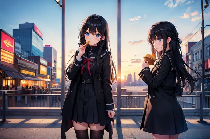 High image quality, high resolution, smooth gradation, vivid colors, a black cloak, a black student uniform, black stockings, black lace-up shoes, black hair, a high school girl, The blue winter sky, the rooftop of a department store, a small amusement par...