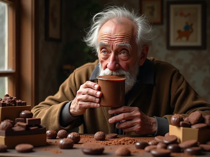 An old man eating brown liquid chocolate,so many chocolates around there,