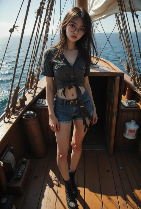 (( top quality)), ((傑 top quality、 Masterpiece、High sensitivity、 high resolution、 detailed depiction of up to the front door、 delicate face with a playful smile))Slender Woman、Glasses、On the deck of a pirate ship、