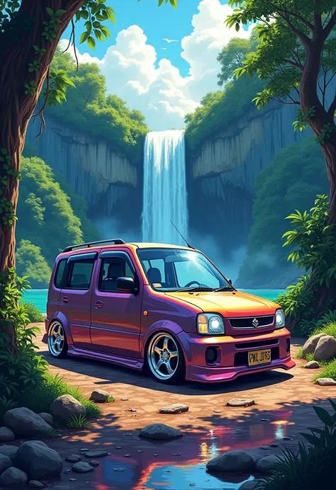  Create a very colorful illustration , com um carro Suzuki Wagon R Stingray, (therefore),  chrome aluminum wheels , large wheels R18 ,  lowered ,  angel eye headlight ,  in front of a waterfall, trees around,  rainforest, colorful natur, various shades of ...