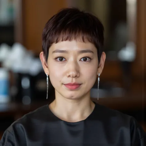  Park Boyoung with a shaved undercut hairstyle, the rest of her hair is Very Cropped "skin fade pixie hair textures", no long hair visible. in barbershop. Sie blickt den Betrachter an , "fashion photography", Modern Elegance Style, "Contrasting Glamour Sty...