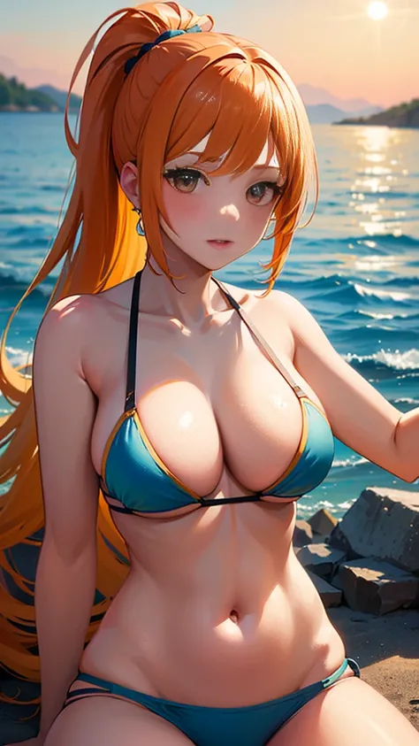  Nami in One Piece, long orange ponytail ,   beautiful brown eyes  , blush, Wearing a vivid bikini, Enjoying a sunny day at the beach.  art style that adds even higher quality to 8K must resemble an appealing anime style.

To improve the quality of your im...