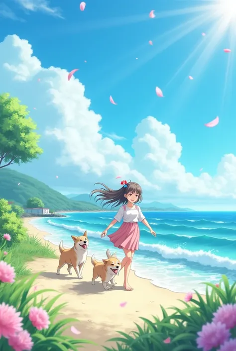   Create a touching anime, about spring .  the dog is playing. sea sun. girl 