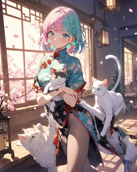 Hashimoto Kanna's with a cute face、(  top quality:1.2,   very detailed from outside the window,  latest,   vibrant , Masterpiece:1.2,   top quality,   Best Aesthetics ),   beauty, (( Poses holding a cat while wearing Chinese clothes :1.4)),   colorful hair...