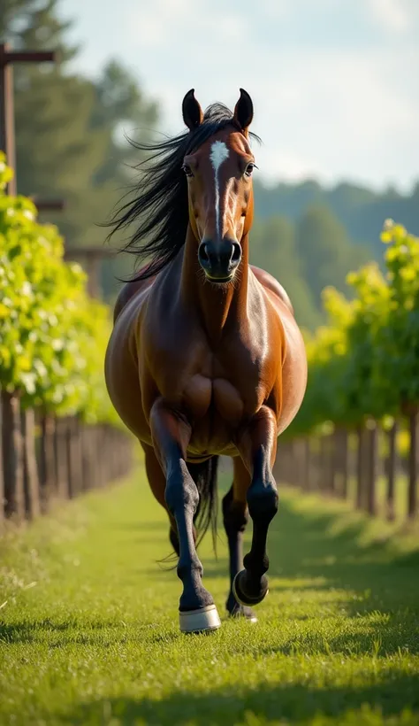 "A noble horse galloping near a stunning vineyard with intricate trellises, surrounded by lush green fields and vibrant grapevines in the background. The scene features realistic textures and lighting, sharp focus, and 8K resolution, showcasing the horse's...