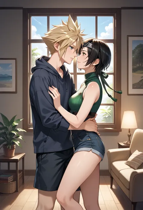 masterpiece,best quality,official art,wallpaper,absurdres, beautiful detailed face,detailed texture,detailed skin,BREAK 1girl,Final Fantasy 7 Remake,source_FF7,Yuffie Kisaragi,black short hair,shirt,shorts,room,BREAK 1boy,Cloud Strife,blonde spiky hair,cas...