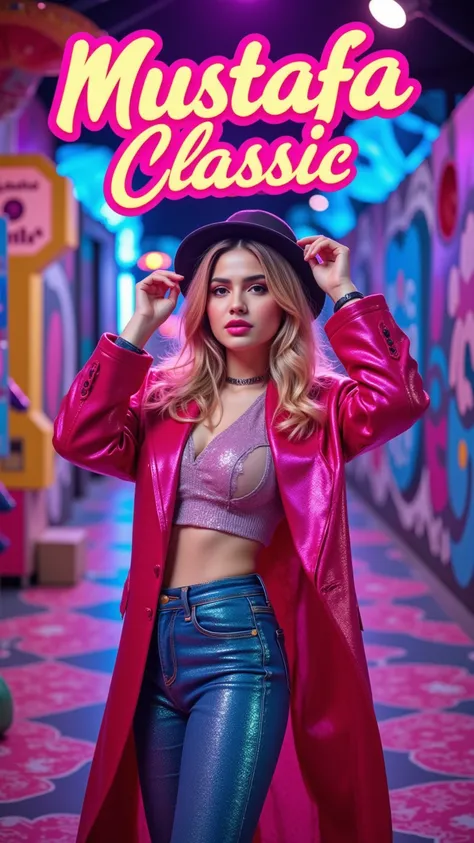 Create a vibrant and dynamic scene that captures the essence of the 1990s pop culture. The photograph features a confident pop star striking a pose for a photographer, radiating energy and style. She sports bold, colorful makeup, including bright pink lips...