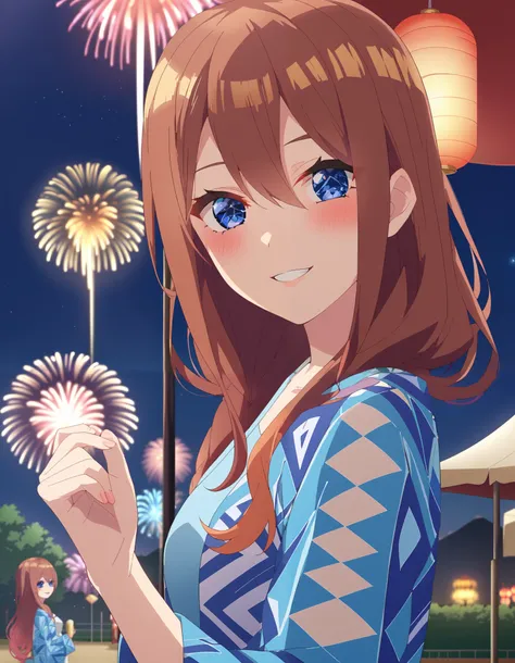  score_9,  score_8_ up the side,  score_7_ up the side,  source_Anime, Nakano Future,  long hair, bangs,  blue eyes,  brown hair,  long hair, bangs,  blue eyes,  brown hair,  hair between eyes ,smile,blush, legs ,Blue flower pattern kimono, side lock ,Sand...