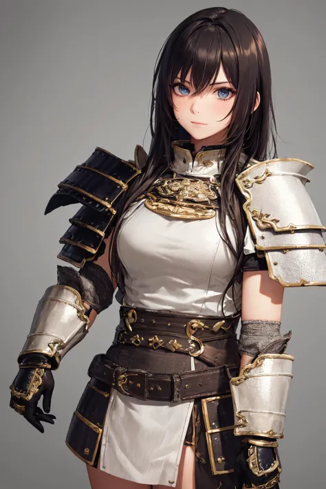  top quality, high details, anatomically correct , simple background,Very fine grain,Very beautiful eyes, very detailed hair, adult woman,Warrior,samurai,Heavy Armor, Masterpiece, high resolution,Fits within the screen,solo,  textured skin, hip lift