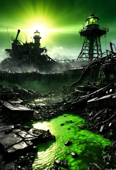  Post-apocalyptic world with ruins of cities and dumps of destroyed robots , cyborgs and mechs .,  the sky is full of black smoke and acid rain acid green , среди ржавых останков cyborgs and mechs ,  bright green acid pools emit fetid smoke ,  Amidst the d...