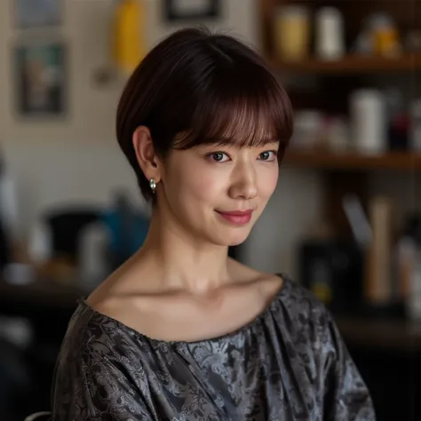  Park Boyoung with a skin shaved undercut hairstyle, the rest of her hair is Very Cropped " pixie hair textures", no long hair visible. in barbershop. Sie blickt den Betrachter an , "fashion photography", Modern Elegance Style, "Contrasting Glamour Style",...