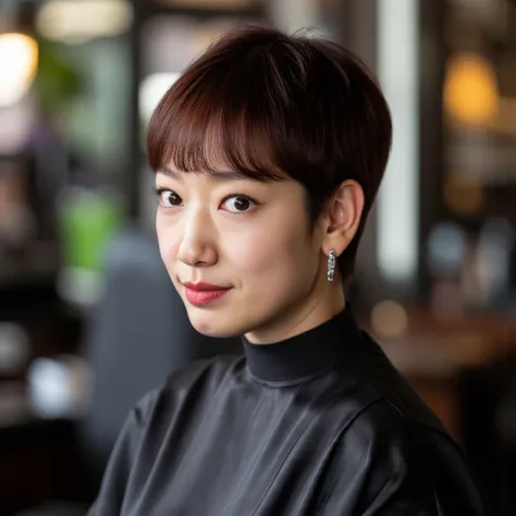  Park Boyoung with a skin shaved undercut hairstyle, the rest of her hair is Very Cropped " pixie hair textures", no long hair visible. in barbershop. Sie blickt den Betrachter an , "fashion photography", Modern Elegance Style, "Contrasting Glamour Style",...