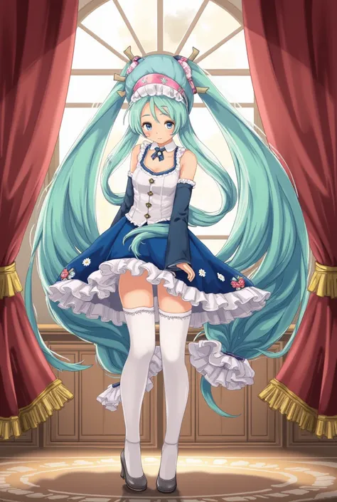 (Masterpiece、 top quality、 top quality、 Official Art、  beautiful and beautiful  :1.2)、( one girl:1.3) Hatsune Miku、 twin tails, beautiful breasts, ( Masterpiece,  top quality),  1 girl, Blue and white ruffle dress, ( white stockings),  cute face,  standing...