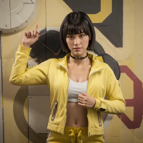 Kelly FF, 1girl, solo, breasts, short hair, bob cut, black hair, bangs, blunt bangs, looking at viewer, brown eyes, choker, jacket, yellow jacket, open jacket, open clothes, zipper, midriff, breasts, large breasts, sports bra, white sports bra, navel, cowb...