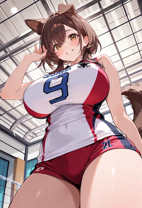 ( top quality , 8k , masterpiece , incredibly absurdres , beautiful woman , perfect body , super detailed skin , highly detailed eyes and face , 1 person ) , Inugami King , original hair color , brown hair , brown eyes ,  dog ear , smile ,  will be happy ,...