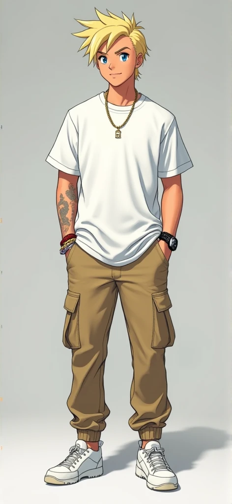 Create a Pokémon trainer,  pants that wear an oversized white t-shirt,  beige cargo pants and white athletic sneakers, The coach has to be blond has to be blond with blue eyes, Make a designer watch on his wrist and a bracelet on the other wrist, A thin go...