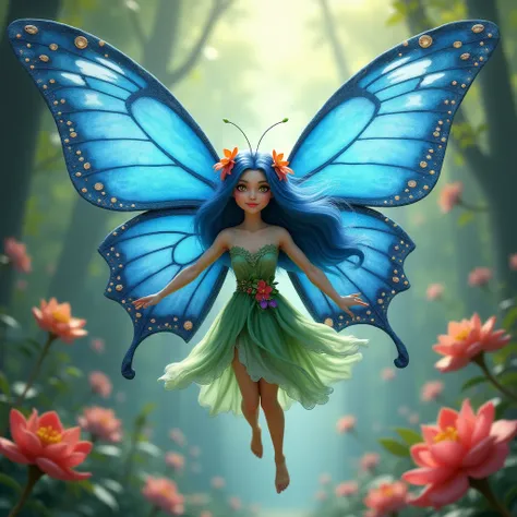 A beautiful female flying fairy, very huge blue butterfly wings, long blue hair, yellow eyes, green flower dress, colorful flower hair accessories, ((full body)) 