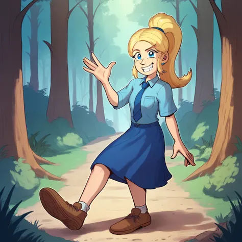  score_9_up, score_8_up, score_7_up, BREAK, JFMstudios, 1girl, solo, blonde hair, high ponytail, blue eyes, white collared shirt, blue tie, blue skirt, full body,  forest, smile waving hand, brown shoes