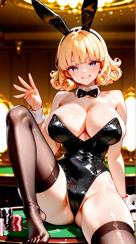  girl、 blonde short curly hair、blue eyes、  shiny skin 、 and has big breasts、Thin waist、 my butt is big、  black bunny girl costume、smile、Blushed cheeks、 condescending eyes 、Five fingers、casino、Poker Table、 sit at the table、 your right leg on the table、Exten...