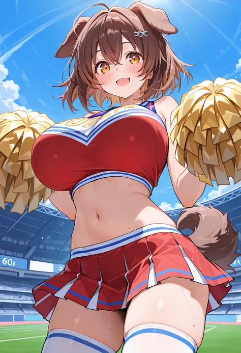  top quality , 8k , masterpiece , incredibly absurdres , beautiful woman , perfect body , super detailed skin , highly detailed eyes and face , 1 person ) , Inugami King , original hair color ,  brown hair ,  dog ear , smile ,  will be happy , (  Cheerlead...