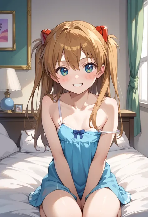 (( top quality)), (( Masterpiece)), (be familiar with),  perfect face,  indoor, bedroom,  watching viewers,
One woman,  Soryu Asuka Langley,
開いた口,  ecstatic expression, blush, smile,
 small tits,  flat chest, Young girl,  lori,  s,  girl,
 long hair,  two ...