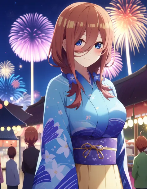 Nakano Future,  long hair, bangs,  blue eyes,  brown hair,  long hair, bangs,  blue eyes,  brown hair,  hair between eyes ,smile,blush, legs ,Blue flower pattern kimono, side lock , long skirt ,日本のfestival,夏festivalの屋台, red lanterns,Fireworks in the night ...